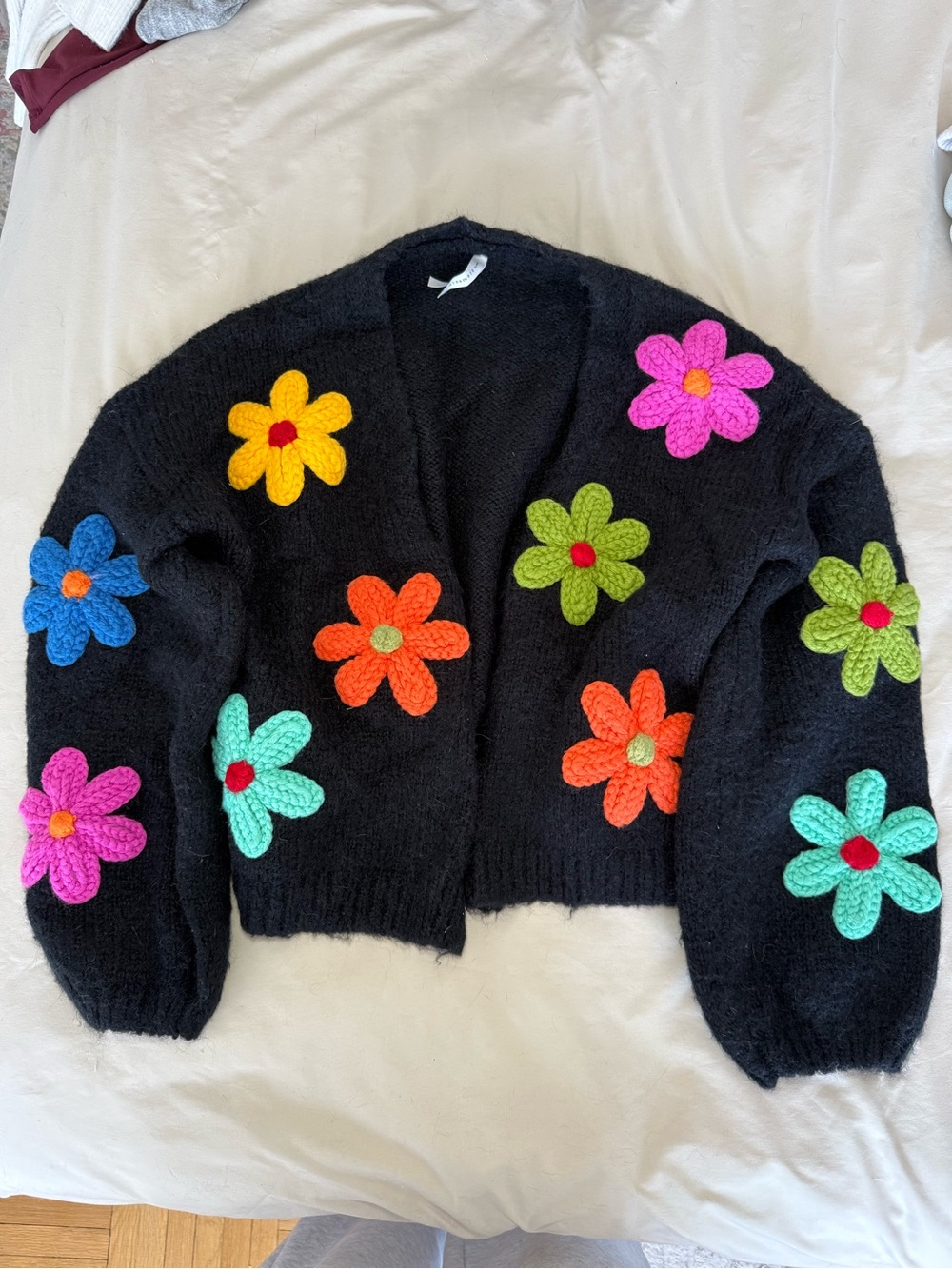 Black Floral Appliqué Women's Cardigan Sweater